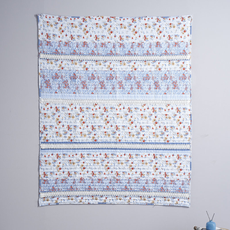 Light Blue Floral Lace Embellished Reversible Throw Blanket