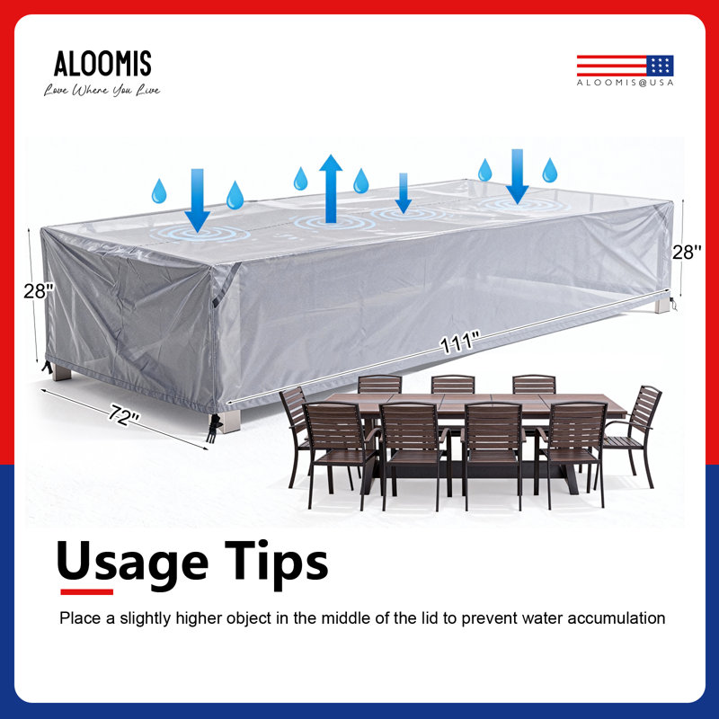 Housse de patio rectangulaire de 111 po (L) x 72 po (H) x 28 po (H) avec sac à fermeture à glissière, housse robuste en toile robuste pour table de salle à manger et chaises d'extérieur, noir universel imperméable