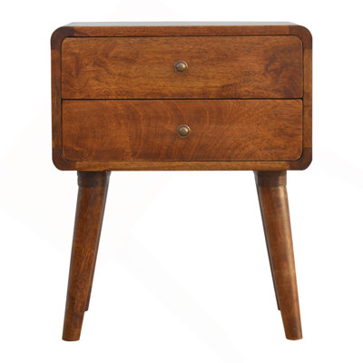 Solid Wood Curved Nightstand, 2-Drawers, Chestnut, Brown