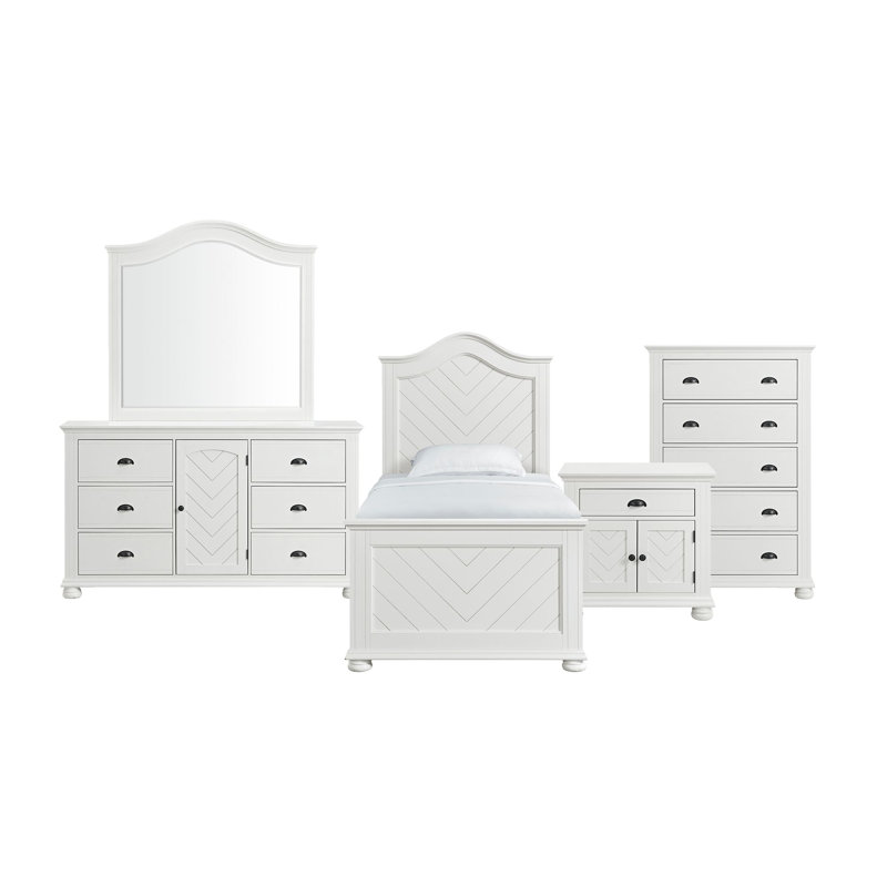 Govia Panel Bedroom Set In White, Twin, 5 Pcs: Bed, Dresser, Mirror, Chest, Nightstand