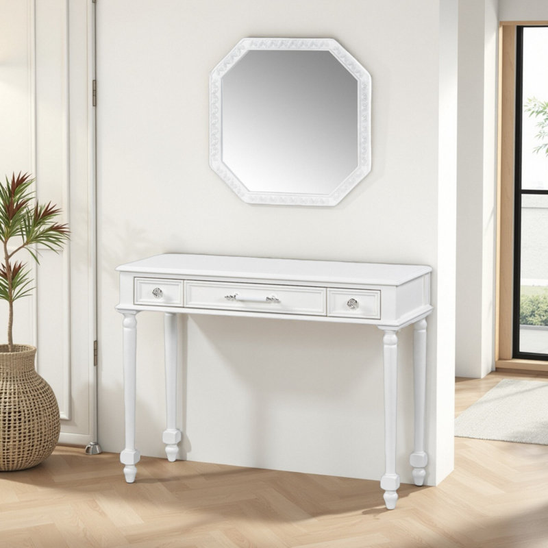 Retro Makeup Vanity Desk with Octagonal Mirror - 3-Drawer Jewelry Storage, Distressed White Dressing Table for Bedroom & Living Room