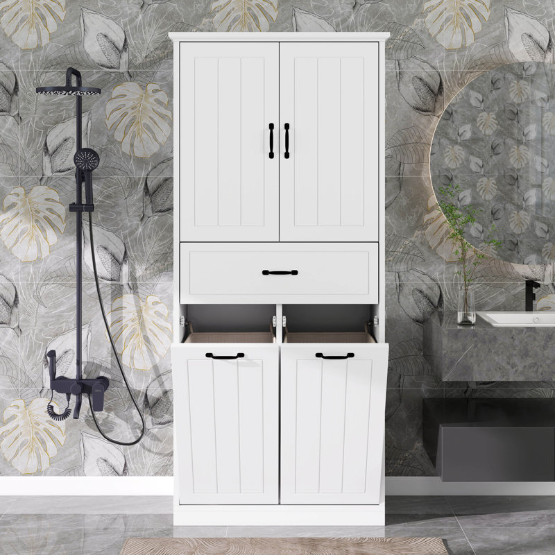 Tall Bathroom Storage Cabinet With Doors And Drawer, Storage Cabinet With Two Removable Laundry Basket, Adjustable Shelf