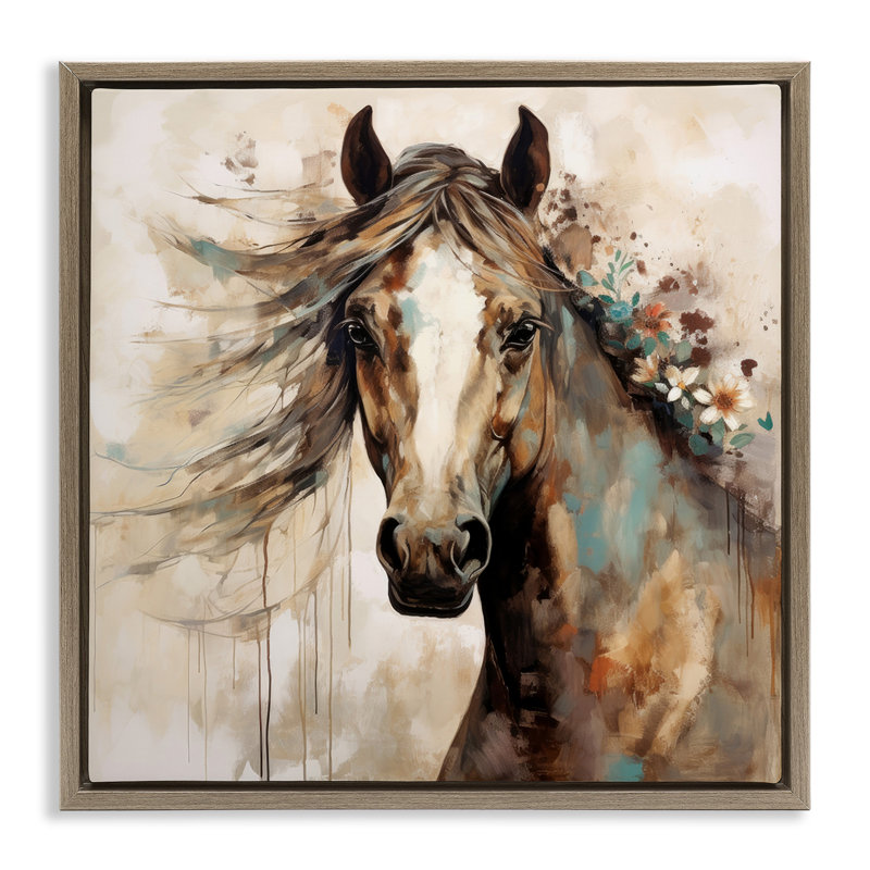 Cheval brun avec fleurs, H 18 po x l 18 po, Cadre flottant orme Montalcino