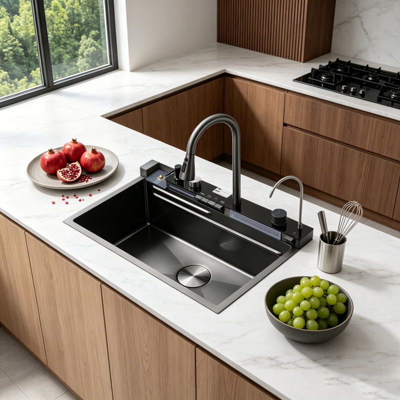 Évier de cuisine 304 à cuve simple en acier inoxydable avec robinet cascade et laveuse à tasses 304, Noir satiné
