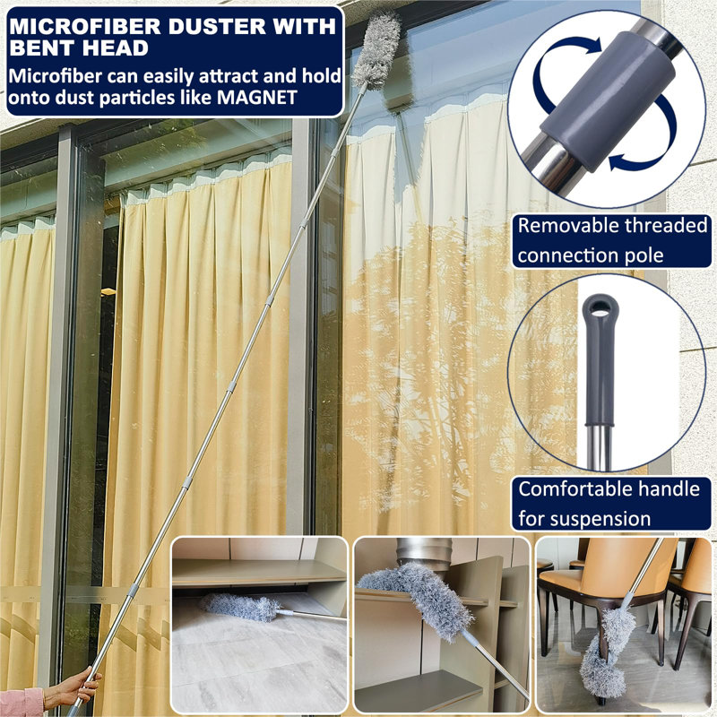 20+ Feet High Reach Duster Kit With 3-14 Ft Extension Pole For Cleaning Fan, Spider Web, High Ceiling, Blinds, Furniture, Cars - Cobweb Microfiber Duster // Outdoor & Indoor Extendable Duster