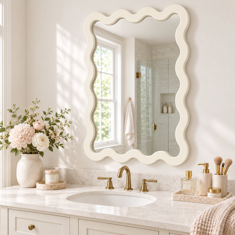 Wavy Scalloped Solid Wood Wall Mirror, Modern Decorative Accent Mirror for Bedroom, Bathroom Vanity, 36" x 24", Warm White