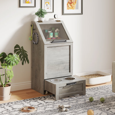 Pet Feeding Station with Fold Top Food Storage in Grey -  Unit with 2 Elevated Bowls. Storage and 3