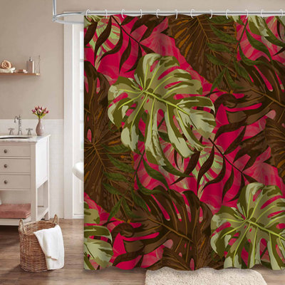 Rideau de douche imperméable à l'eau à motif de feuilles de palmier exotique avec 12 crochets