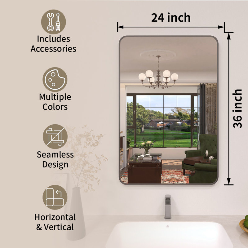Lucha Gray Framed Wall Mounted Bathroom Vanity Mirror with Tempered Glass, 24" x 36", Gray