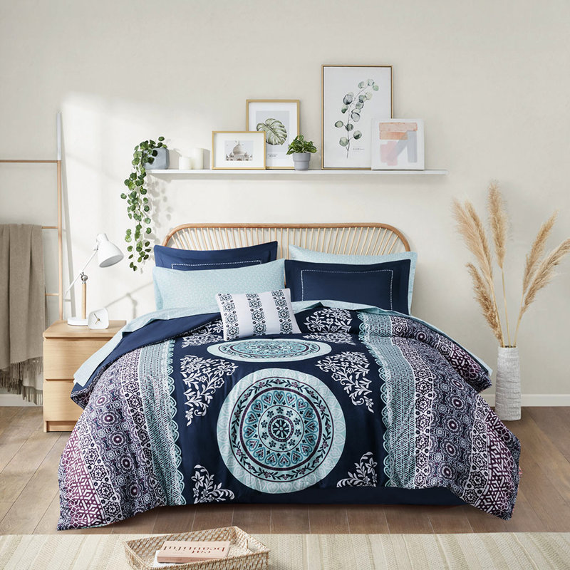 Édredon simple TG et drap - imprimé médaillon bleu marine, matériau, motif d'accessoires de lit inclus, microfibre douce, taies décoratives brodées