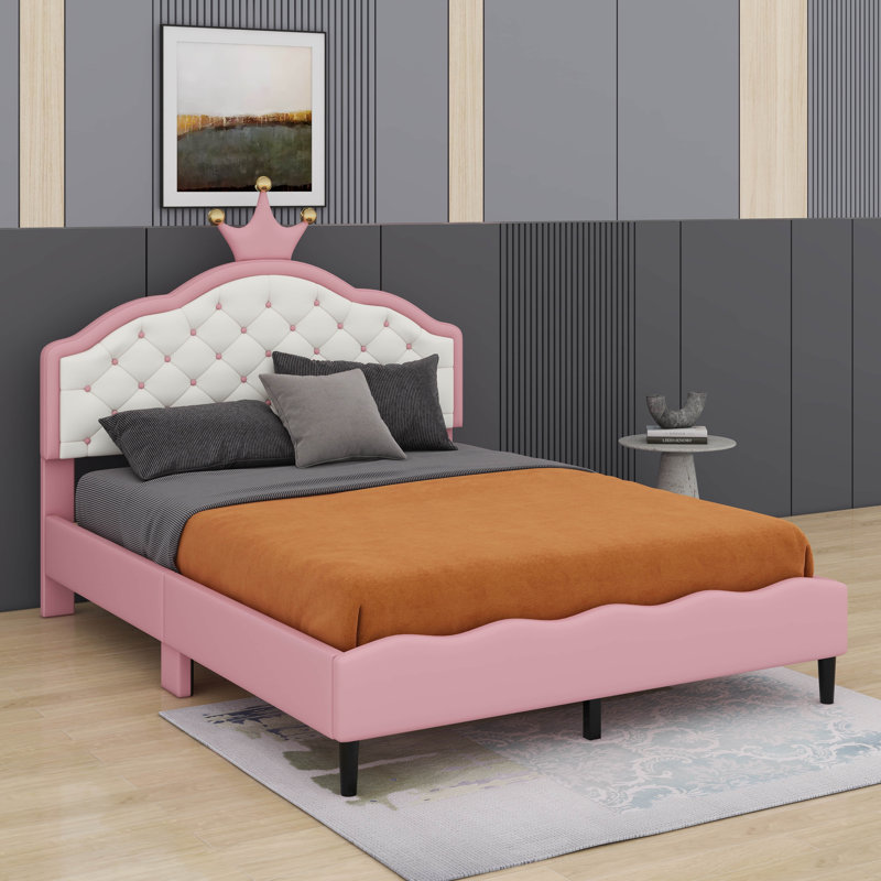 Lit double princesse en cuir synthétique avec tête de lit capitonnée, Full