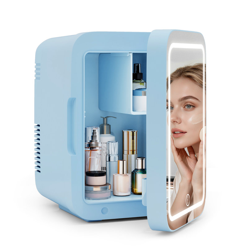 Mini Fridge 4L Car Refrigerator With LED Mirror, 3 Light Countertop Mini Fridge with Freezer, Blue