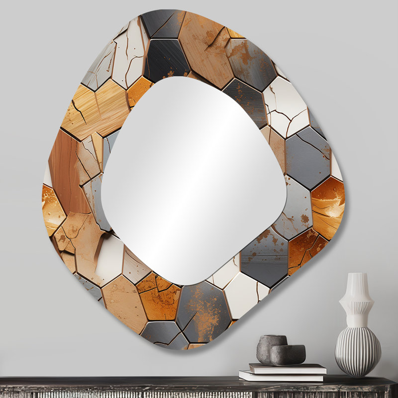 Rustic Hexagons Boho Motif I - Grand miroir mural géométrique asymétrique moderne, 28 po x 25 po