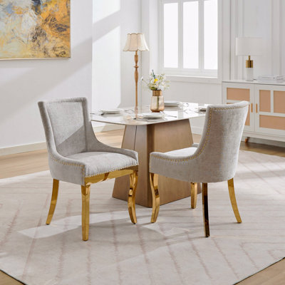 Chenille Dining Chairs Modern Style With Curved Gold  Plated Legs And Rivet Trim Upholstered Comfort