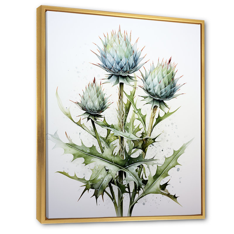 Dayvien chardon vert majestueux pointillisme II sur toile, Cadre flottant doré, H 32 po x l 24 po x P 1 po