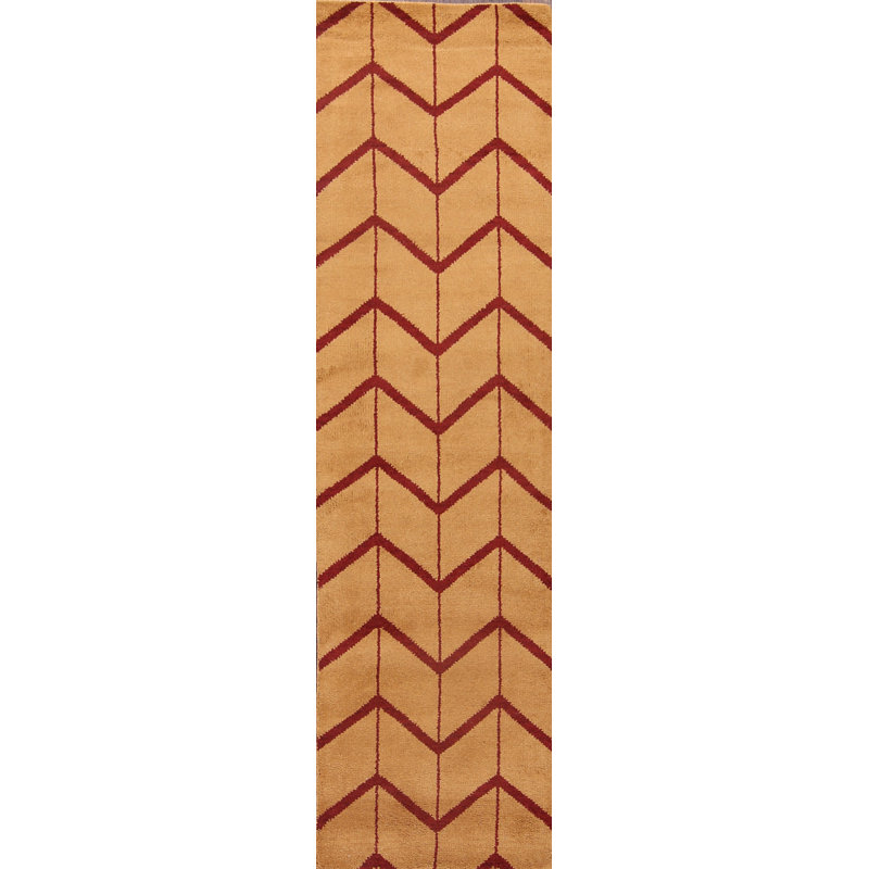 Tapis rouge / jaune en laine noué à la main à motif de treillis oriental traditionnel marocain de conception unique 2 pi 8 po x 9 pi 7 po
