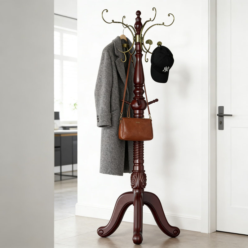 Heavy-Duty Freestanding Coat Rack With 12 Hooks, Solid Wood Stand And Sturdy Triangle Base, 200Lb Capacity Hall Tree For Entryway, Hallway, Office, And Bedroom Organization