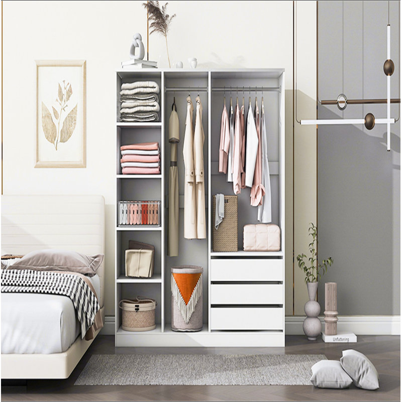 Armoire de rangement sans porte en bois pour chambre à coucher avec tablettes et 3 tiroirs