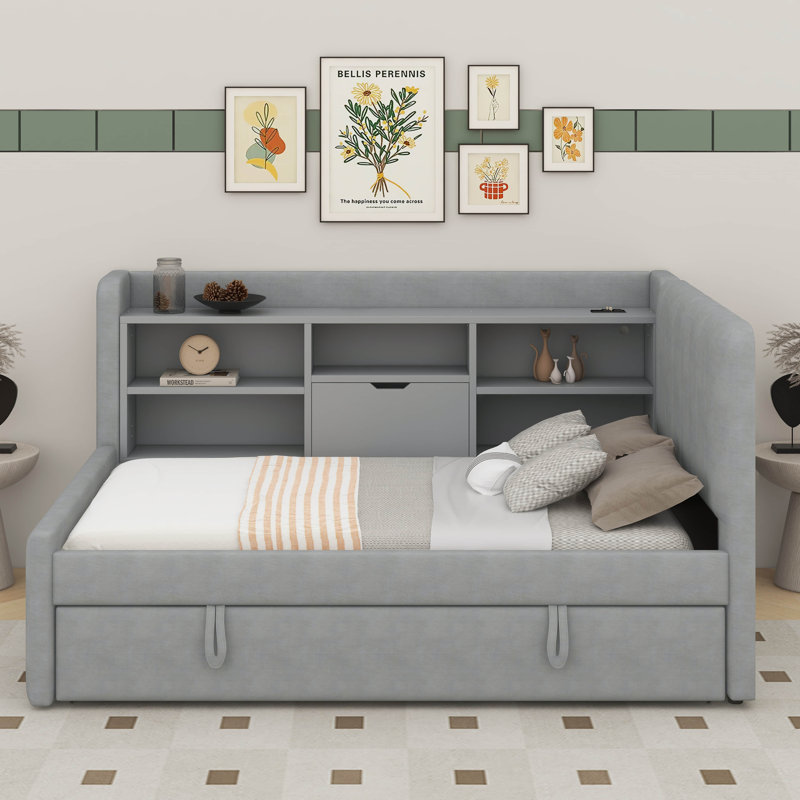 Twin Size Upholstered Daybed With Trundle, Storage Shelves, USB & Outlet, Gray