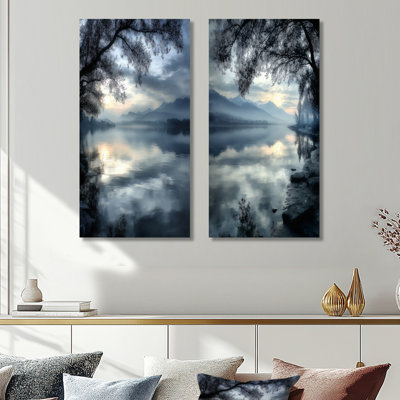 «Serene Lake at Dawn with First Light», impression d'art mural en métal 2 pièces