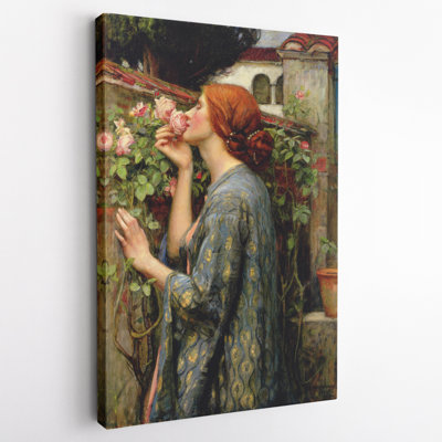 Pre-Raphaelite Woman Smelling Pink Roses Canvas Print