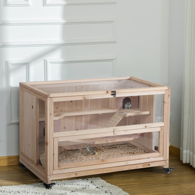 Aire de jeu pour hamster en bois naturel avec 3 rampes d'escalade et un fond amovible - Améliorez le mécanisme de verrouillage de la cage de nettoyage