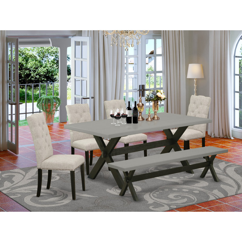 6 Piece Dining Table Set Contains a Rectangle Dining Room Table with X-Legs and 4 Doeskin Linen Fabric Parson Chairs with a Bench, Wire brushed Black