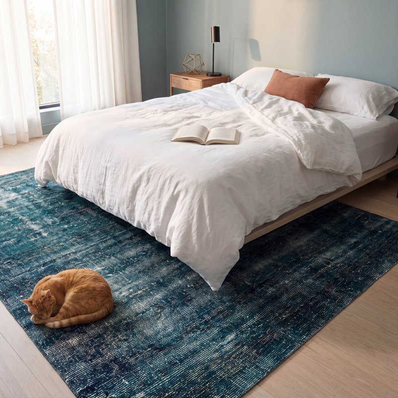 Tapis Pewter2 moderne uni bleu sarcelle en polyester lavable, 9'10" x 13'1"