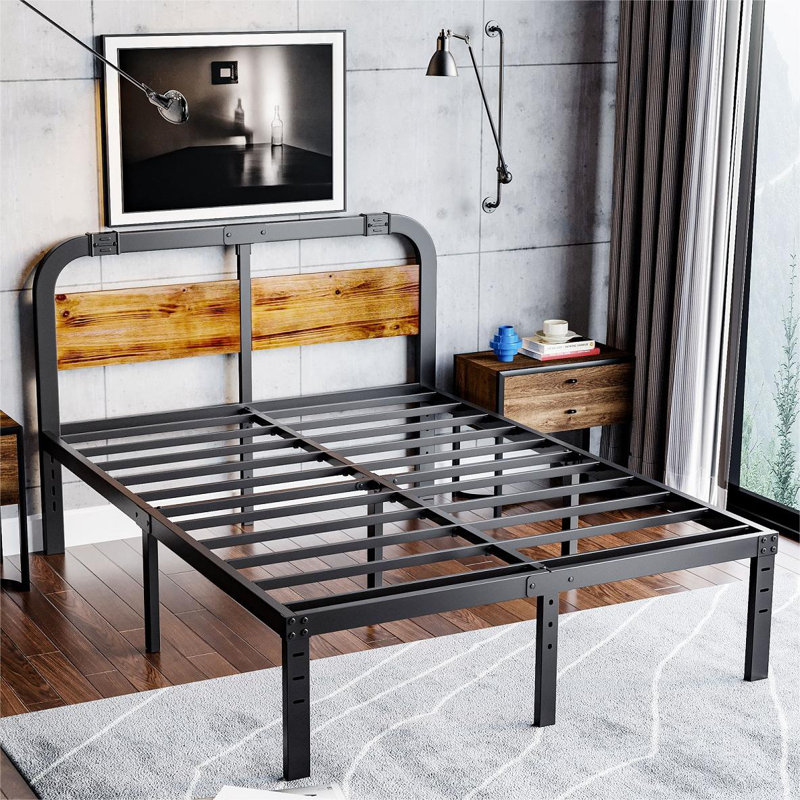 King-Black Metal Platform Bed Frame with 40-Inch Solid Wood Headboard, Underbed Storage, Noise-Free Support, No Box Spring Needed
