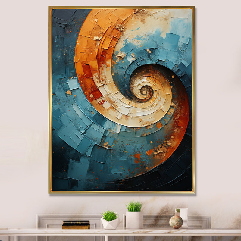 Feldstein Orange Teal Abstract Spirals I Framed On Canvas Print, 32" H x 16" W x 1" D, Gold Framed