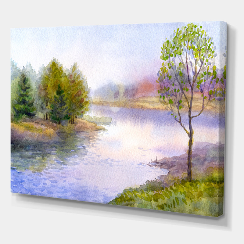 Un seul arbre sur la berge de la rivière - Peinture sur toile, H 30 po x l 40 po x p 1 po, Toile tendue