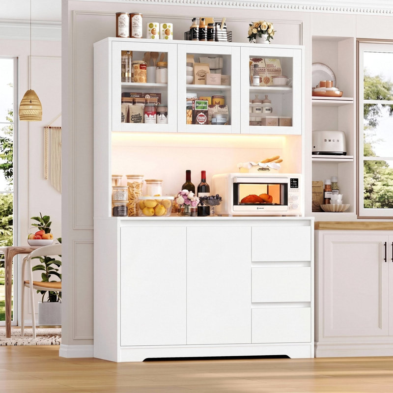Satavia 70.9'' Kitchen Pantry with LED Lights and Charging Station, Microwave Shelf, White