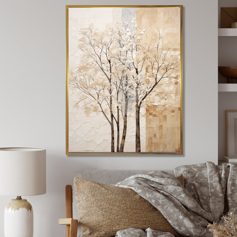 «Beige Trees Oak Solitude VII», reproduction sur toile, Cadre flottant doré, H 32 po x l 24 po x P 1 po