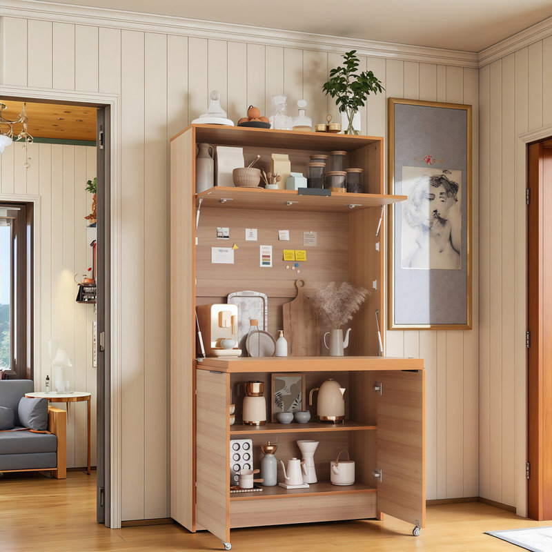 Compact Kitchen Pantry Buffet with Foldable Workstation & Built-in Power Outlets, Natural