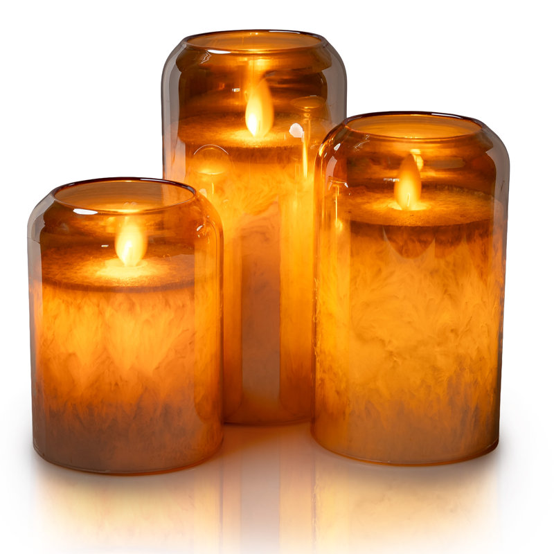 Bougies rondes à DEL ouragan avec verre miroitant, flamme scintillante en mèche, piliers en cire véritable, à piles (incluses), télécommande et minuterie (ensemble de 3, teinte dorée métallique)