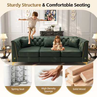 81.5 Light Luxury 3-Seater Modular Chesterfield So..., , Faux Leather, Foam+Spring, 2 Pieces, Chesterfield Sofa, Green, Timeless design with deep butt
