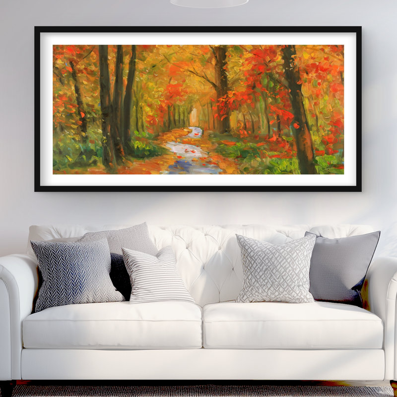 «Autumn Trail - Landscape», reproduction encadrée avec passe-partout contemporain, Noir