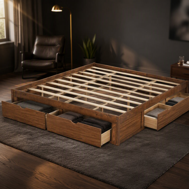 Platform Bed with 6 Storage Drawers, Wood Storage Bed