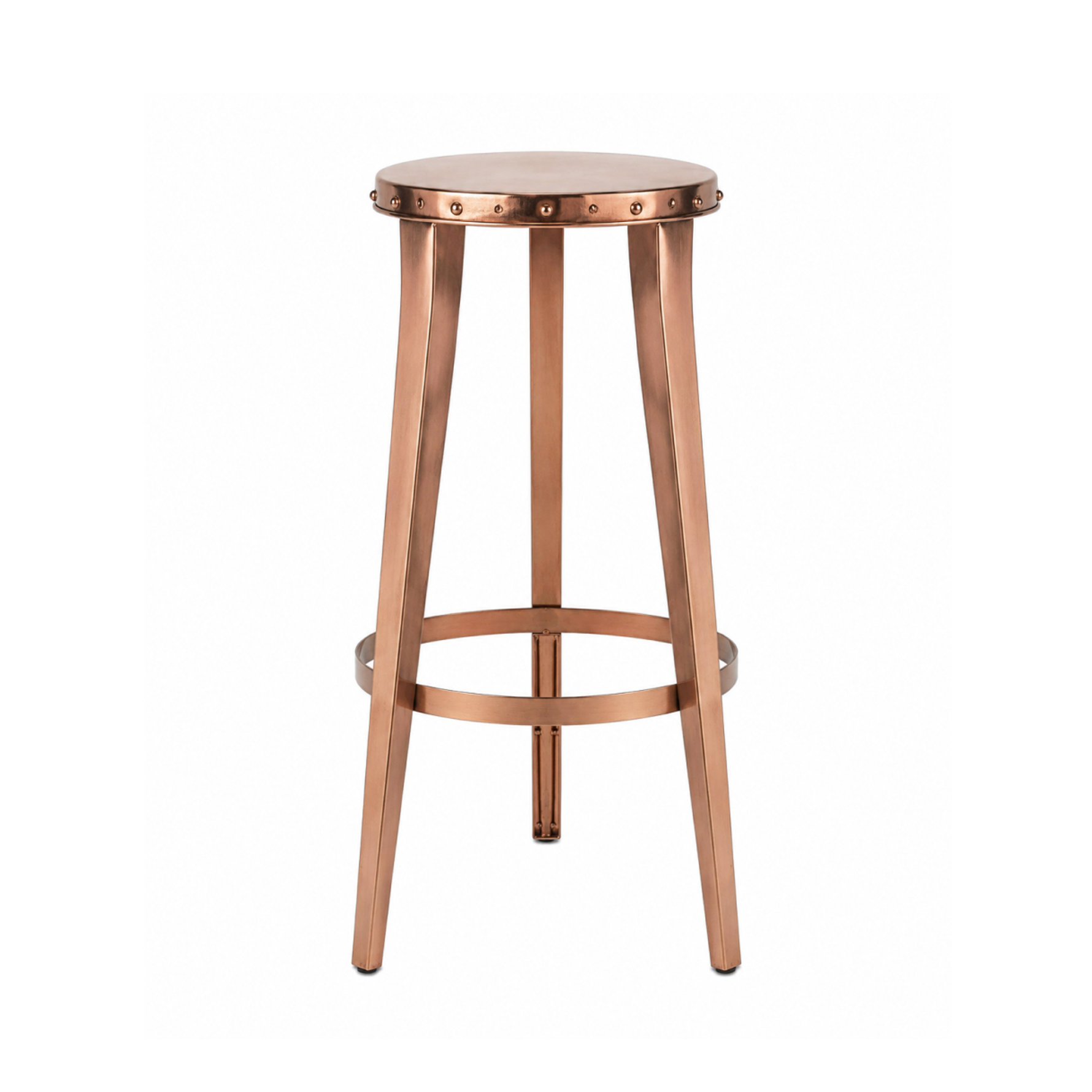 Copper metal bar stool with a round seat featuring decorative stud detailing and a circular footrest.