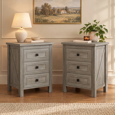 Brigman 18" W 3-Drawer Farmhouse Nightstand with Charging Station, Wood End Table for Bedroom(Set of 2)