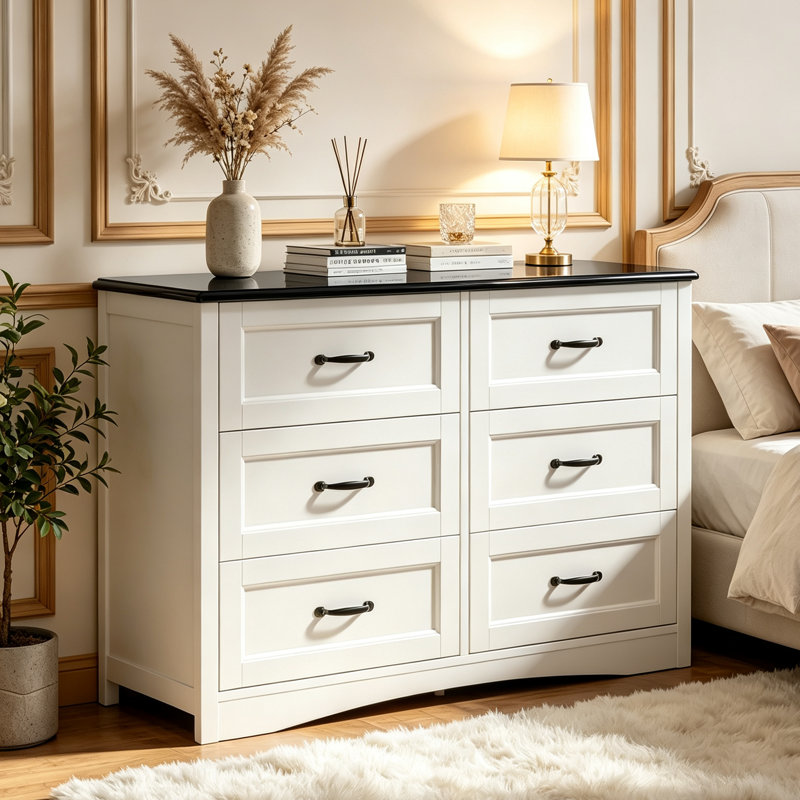 Migneco 6 Drawer 47.2'' W Modern Wood Double Dresser with Metal Handles and Smooth Glide Drawers, Black/White