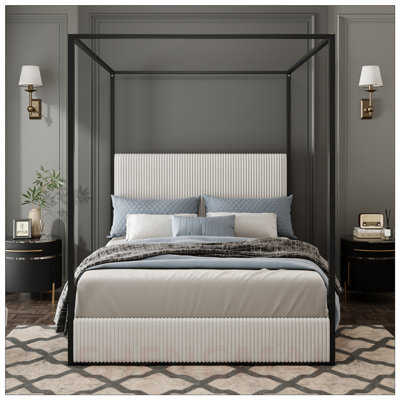Lit à baldaquin en métal de luxe moderne avec tête de lit tapissier en velours côtelé