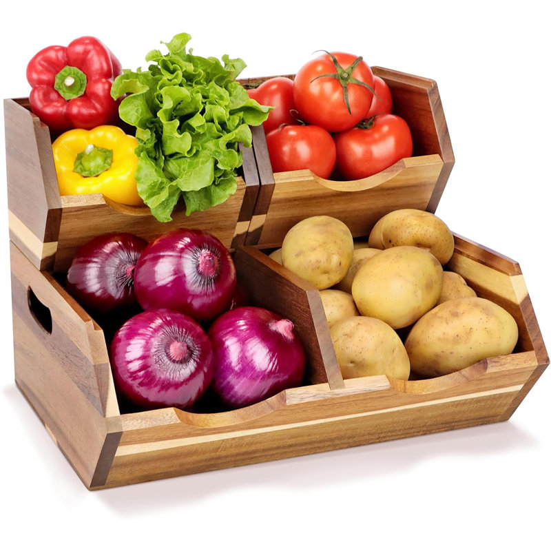 Acacia Wood Pantry Storage Bins, Stackable 3-piece set
