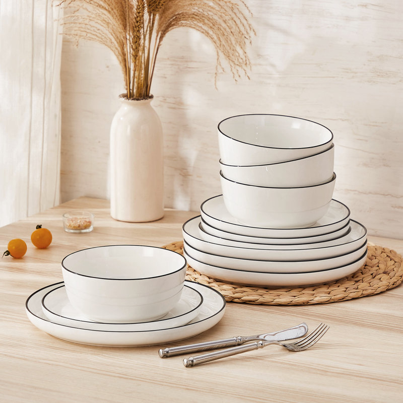 12-Piece Ceramic Dinnerware Set, White/Black