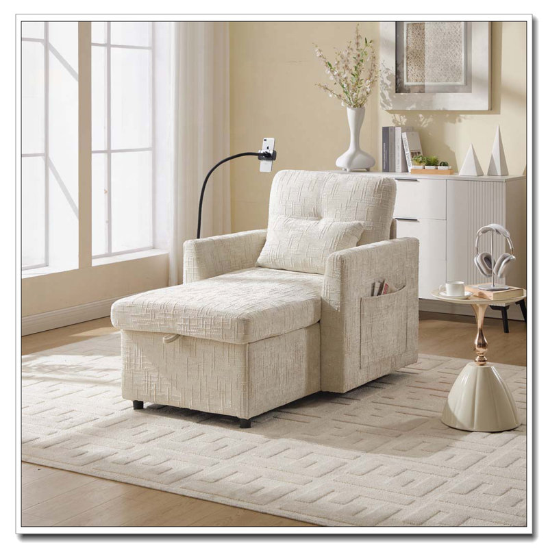 Chaise longue en chenille avec rangement, Beige