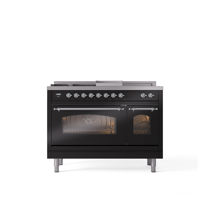 ILVE Nostalgie II 48 Dual Fuel Range, Glossy Black/Chrome, Natural Gas
