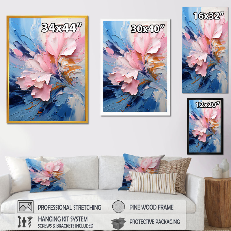 Encre rose et mauve à fleurs II - encre liquide, art mural abstrait, Encadrement doré, H 32 po x l 24 po x P 1 po