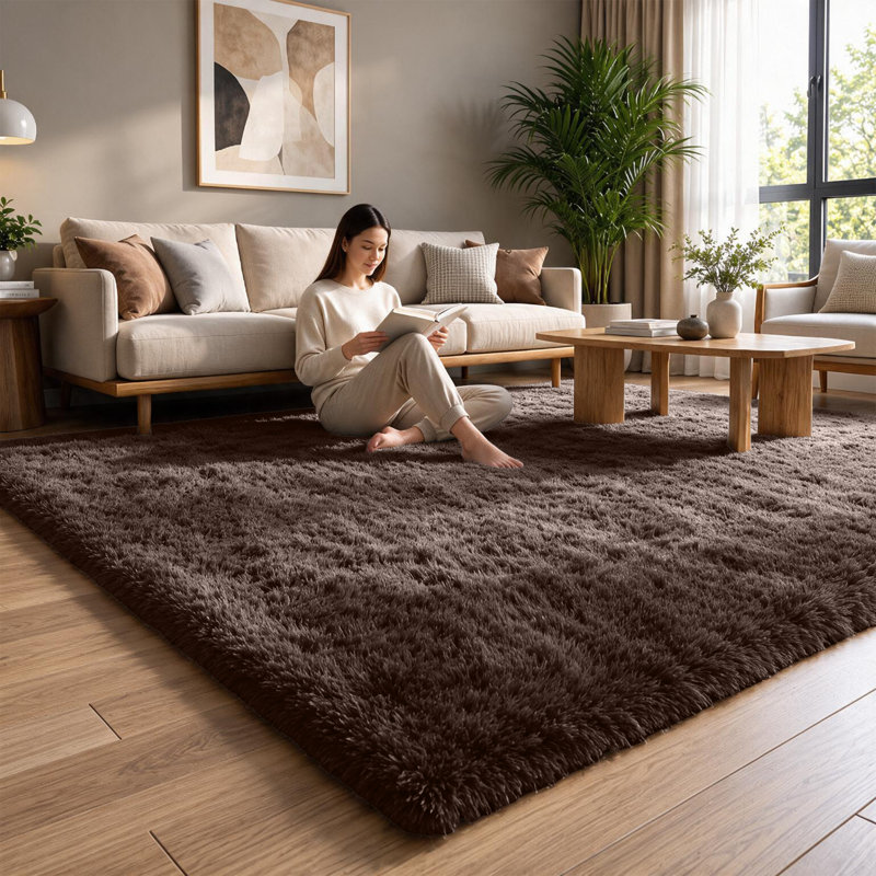 Machine Tufted High Pile Shag Area Rug(Ultra Soft & Fluffy), Brown, Rectangle 120 x 170 cm