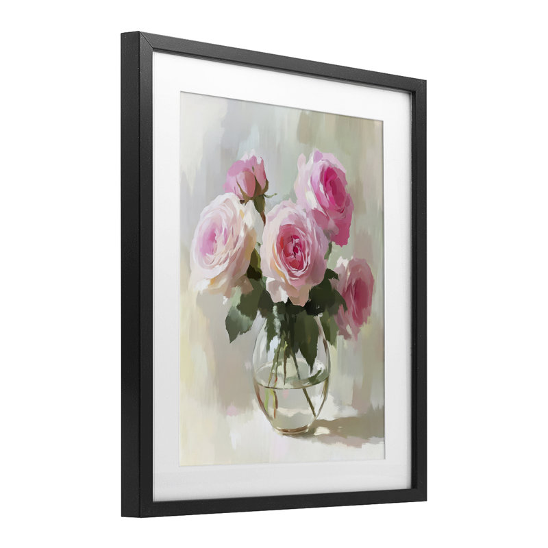Vase en verre roses roses, reproduction encadrée sous verre, design par Petal Prints Design, H 21 po x l 17 po