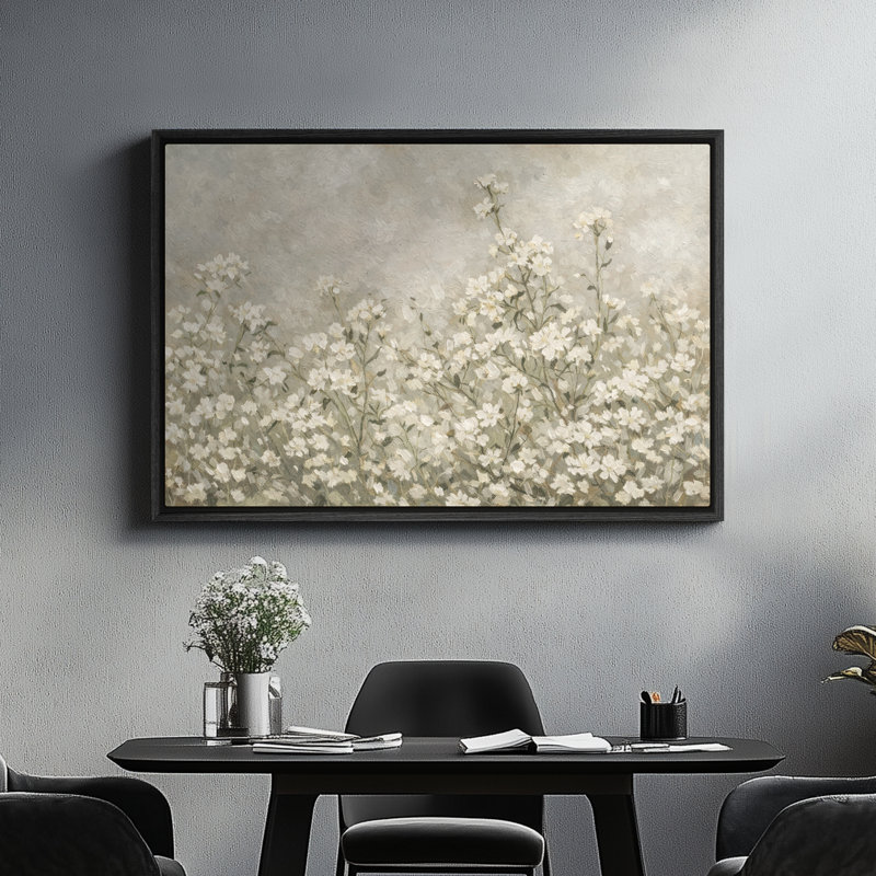 Art mural encadré sur toile - Champ de fleurs sauvages blanc doux dans une palette neutre et calme - 16 po x 24 po, 24 po x 36 po